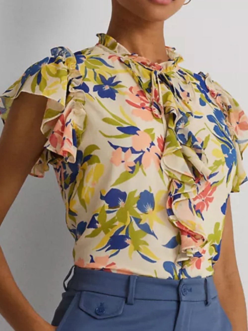 NWT $135 Lauren Ralph Lauren Floral Ruffle Tie-Neck Blouse